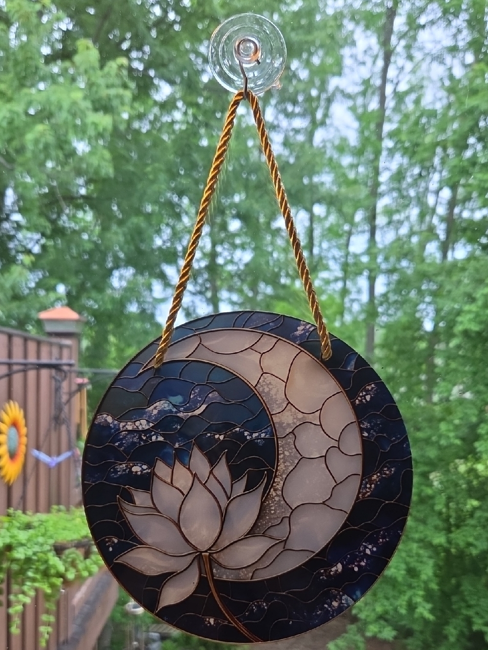 Stained Glass Style Moon & Lotus Hanging Art or SUNCATCHER - Navy and Pearl